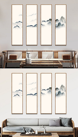 新中式客厅装饰画四联组合沙发书房茶室水墨壁画