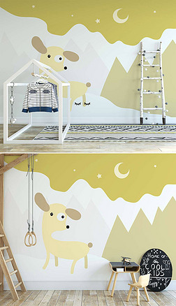 北欧ins手绘抽象涂鸦小动物极简儿童卧室墙纸