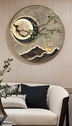 石纹肌理月上枝头高级感玄关客厅圆框装饰画2