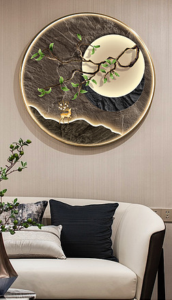 石纹肌理月上枝头高级感玄关客厅圆框装饰画4