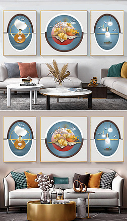 现代简约立体拼接山水几何框中框客厅沙发装饰画