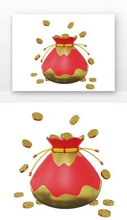 3D钱袋子飞舞的金币红色钱袋子blender