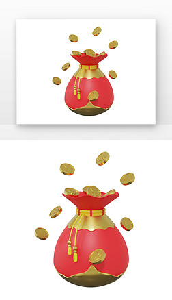 3D钱袋子金融飞舞的金币红色钱袋子blender