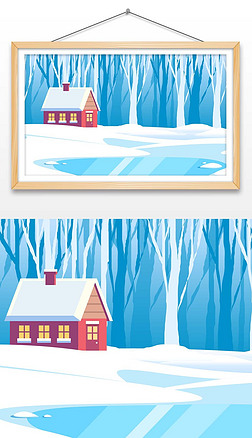 卡通旅游插画冬季森林中雪顶小屋冰面雪地