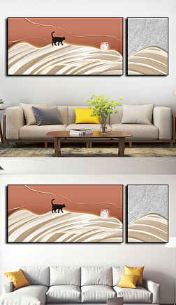 现代极简背有靠山招财猫抽象线条客厅组合挂画