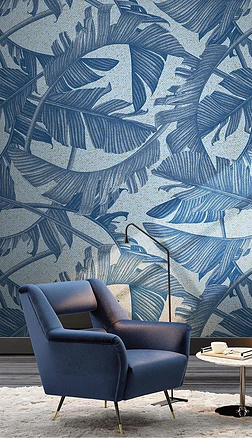 北欧热带植物蓝色复古多通道分色壁纸做旧墙纸
