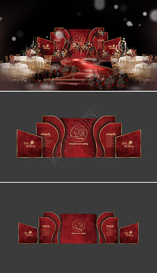 红色欧式复古婚礼效果图设计婚庆舞台背景