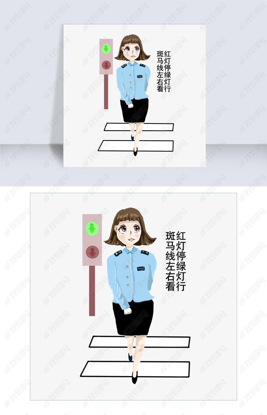 女交警表情包红灯停绿灯行插画