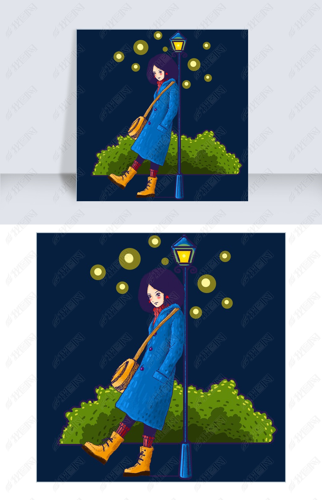 原创手绘路灯下的少女png素材版权可商用
