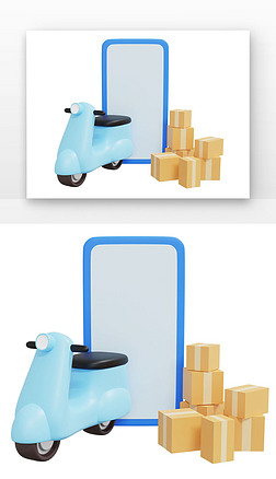 3D快递运输物流配送车蓝色摩托车