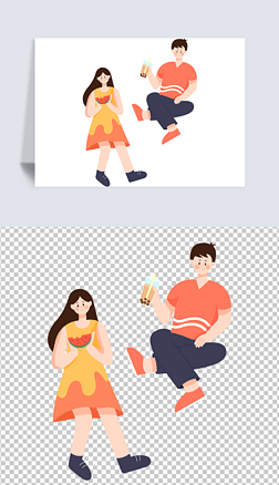 卡通喝奶茶吃西瓜的情侣矢量插画