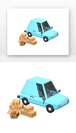 C4D蓝色面包车可回收快递运输3d渲染元
