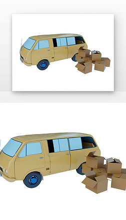 快递运输黄色面包快递车纸箱子3D元素