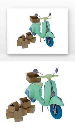 快递运输绿色摩托快递车纸箱子3D元素