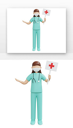 3D医疗护士或医生护士手拿十字牌