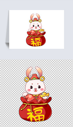 红色喜庆春节兔子从福袋蹦出元素