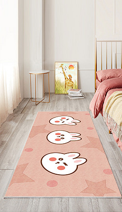 北欧卡通粉色可爱兔子儿童卧室床边地毯长条地毯