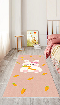 北欧卡通粉色可爱兔子儿童卧室床边地毯长条地毯