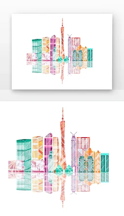 炫彩彩色渐变广州地标城市建筑剪影线条矢量