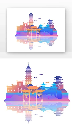 紫色律动渐变南京古建筑地标建筑城市剪影