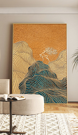 现代轻奢创意线条山水几何橙色玄关装饰画
