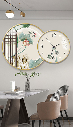 钟表挂钟客厅新中式荷花餐厅挂画九鱼图装饰画