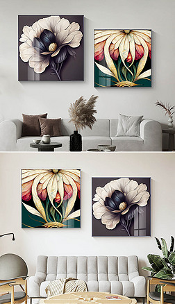 现代北欧简约轻奢花卉植物2连正方形装饰画