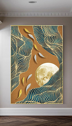 新中式轻奢抽象线条锦鲤月亮立体肌理客厅装饰画