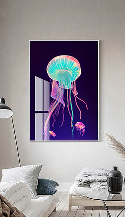 现代抽象轻奢极简荧光水母创意客厅装饰画