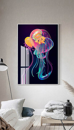 现代抽象轻奢极简荧光水母创意客厅装饰画