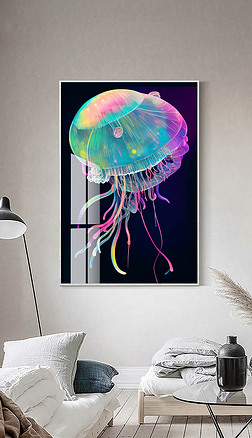 现代抽象轻奢极简荧光水母创意客厅装饰画