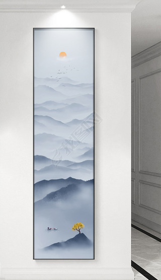 新中式大气水墨写意意境山水长条玄关装饰画
