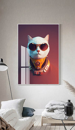 现代抽象轻奢简约太空猫咪创意客厅装饰画