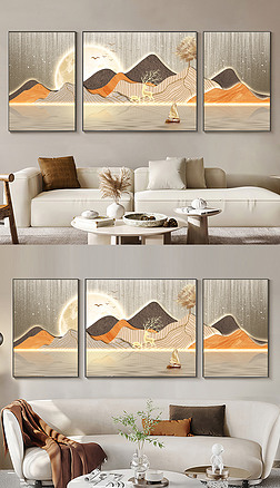 现代抽象山水风景线条麋鹿光影客厅装饰画3