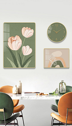 现代简约组合饭厅餐桌ins花卉创意钟表装饰画