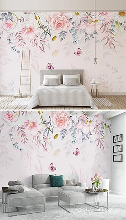 现代简约小清新粉色玫瑰花卉背景墙装饰画