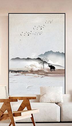 现代抽象轻奢动物线条复古大象山水装饰画玄关