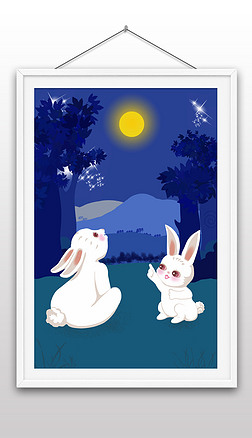 森林夜晚兔母子儿童绘本插画