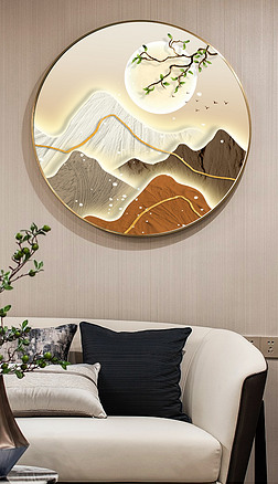 新中式抽象现代山水玄关客厅圆框装饰画2