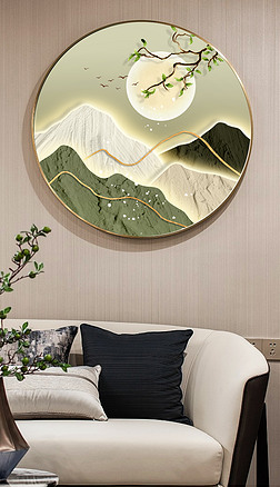 新中式抽象现代山水玄关客厅圆框装饰画4