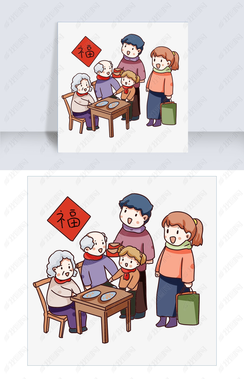原创手绘卡通2019新年回家看望父母版权可商用