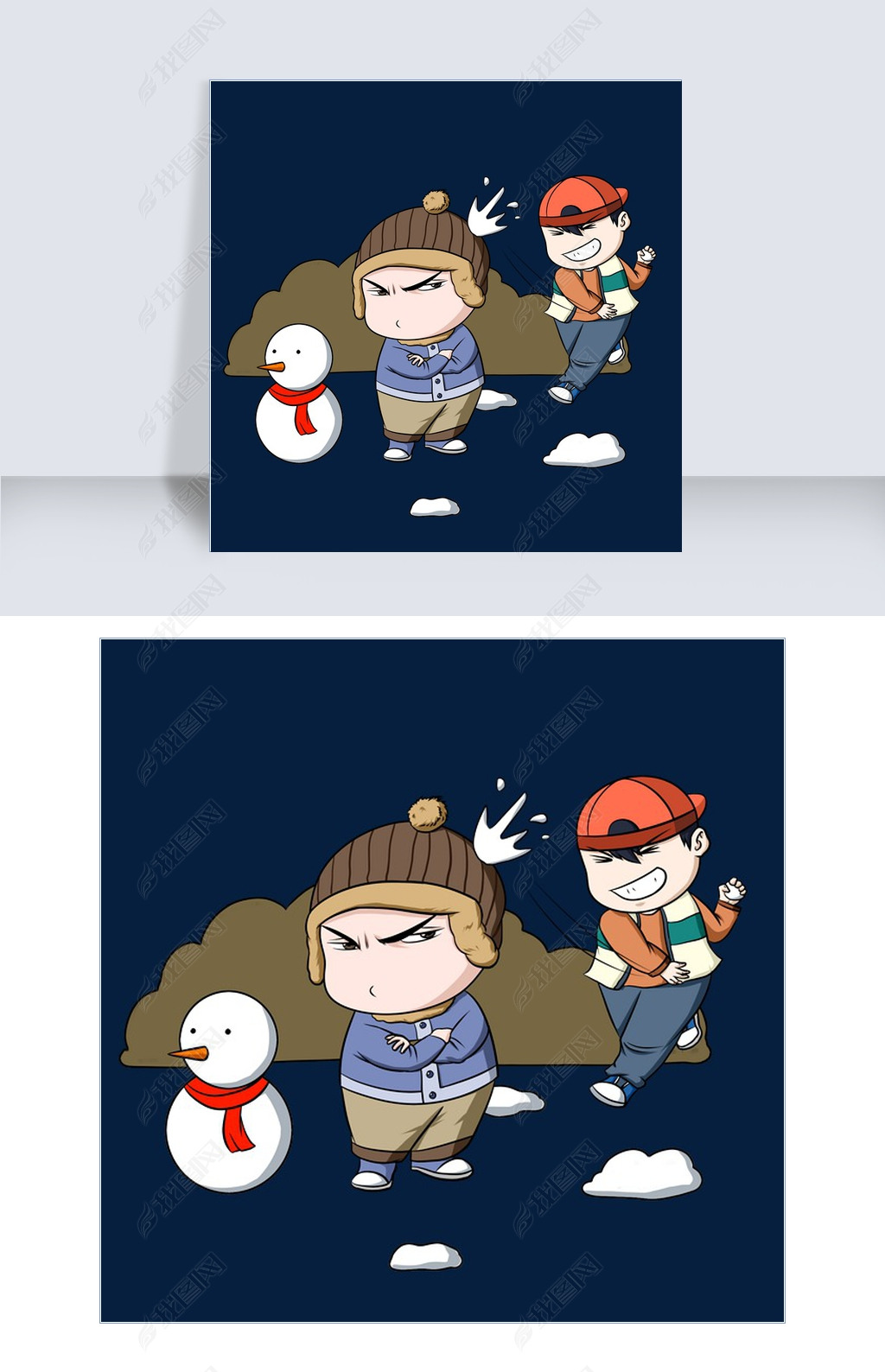 打雪仗卡通手绘插画