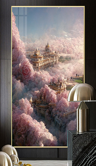 现代欧式治愈系粉色玫瑰城堡玄关装饰画