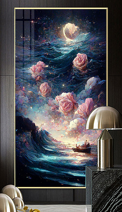 轻奢现代手绘抽象海浪帆船玫瑰油画玄关装饰画