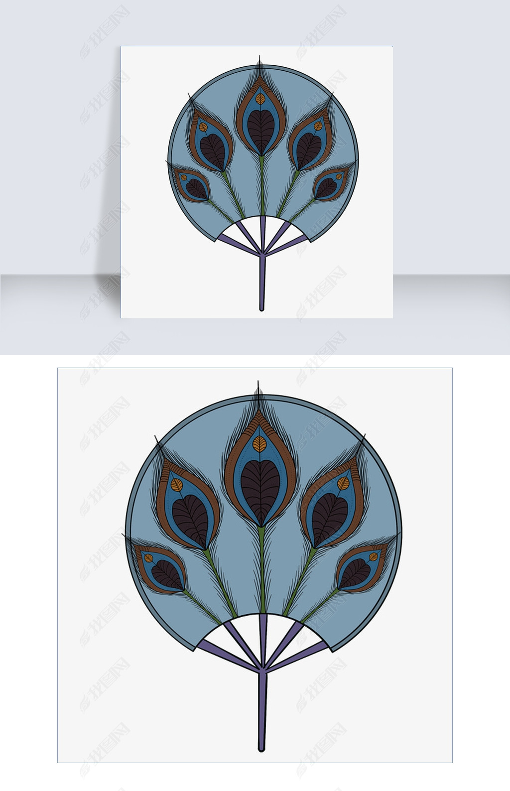 中国风孔雀羽毛扇子手绘插画