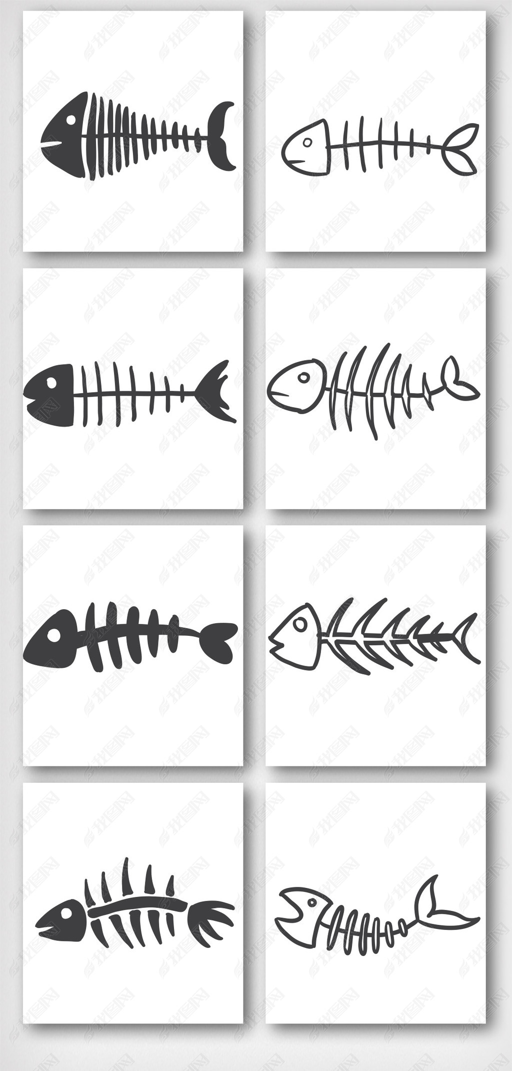 原创线描卡通鱼骨头图案元素