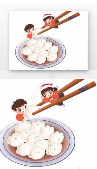 橙红色卡通粉涂用筷子夹饺子的儿童元素