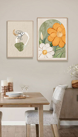 北欧奶油风温馨肌理暖色创意花卉组合饭厅餐桌画