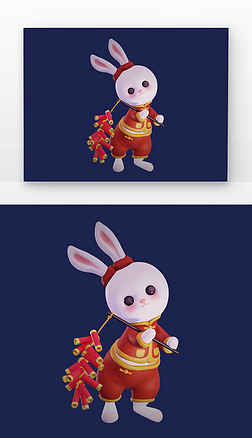 兔年3D兔子红色鞭炮卡通喜庆拜年元素N