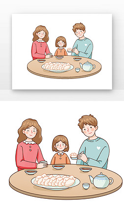 黄色卡通冬至一家人吃饺子元素